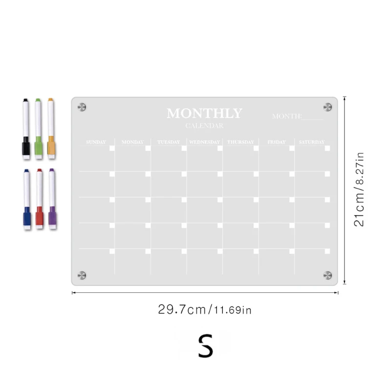 Acrylic Calendar for Fridge, Monthly Clear Acrylic Magnetic Dry Erase Board for Refrigerator, Includes 6 Liquid Chalk Markers