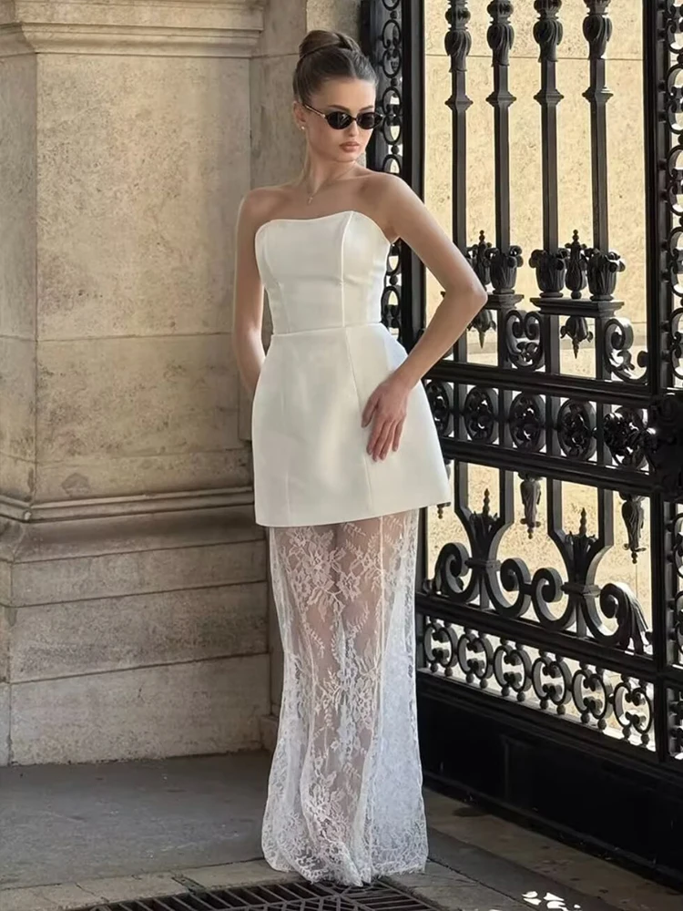 2025 Elegant Tube Top Lace Long Skirts Two Piece Sets Women Short Tops See Through Skirt Summer Chic Party Woman Outfits