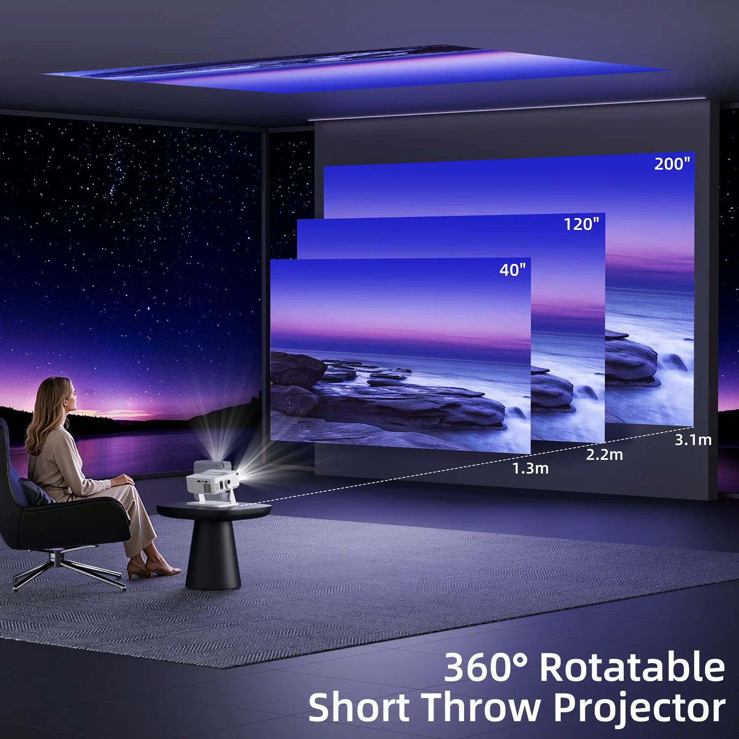 XNANO 휴대용 미니 프로젝터, 네이티브 720p, 안드로이드 11.0, Wi-Fi 6, 250 ANSI, 키스톤 보정, BT 5.0, 홈시어터 4K 프로젝터