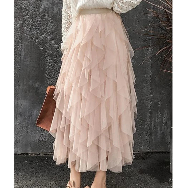Sweet Fashion New Tulle Long Maxi Skirt Women Fairy Mesh Design Sense Asymmetrical Tierred High Waist Pleated Ball Gown Female