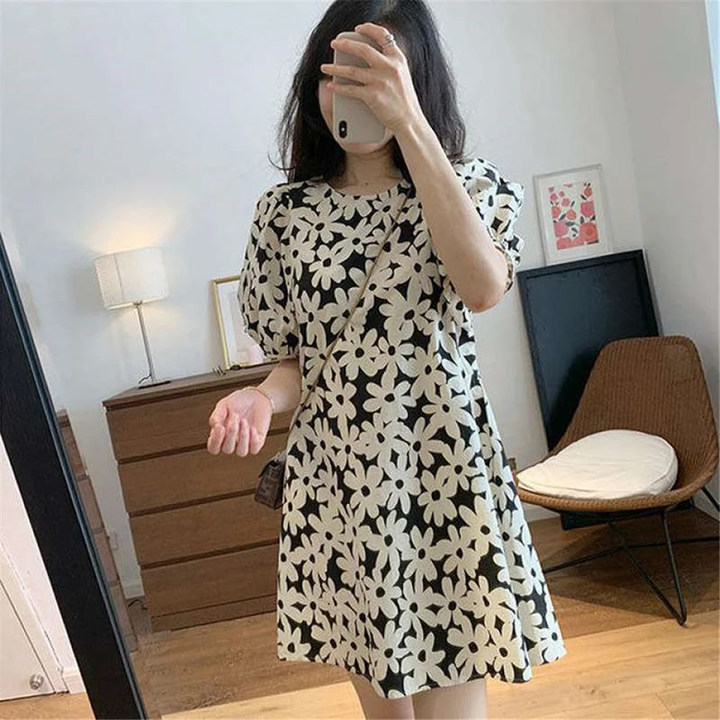 

Mini Dress 2024 Fashion Women Vintage Short Puff Sleeve Floarl Printed Mini Dress Beach Vestidos Oversized Robe Femme Dress
