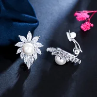 CWWZircons Non Pierced Design Shiny White Cubic Zirconia Bridal Wedding Party Clip On Pearl Earrings Without Piercing CZ162 1