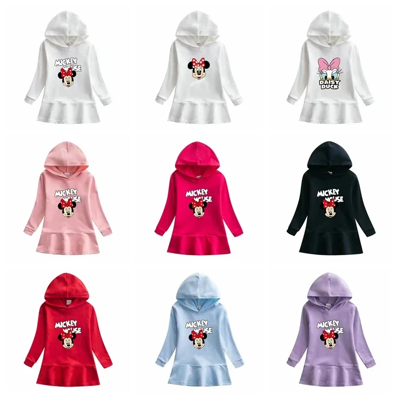Spring Hooded Dresses Minnie Mickey Mouse Daisy Clothes Kids Girls Coat Sweatshirt Long Sleeve T Shirts Outfit Children Outwear