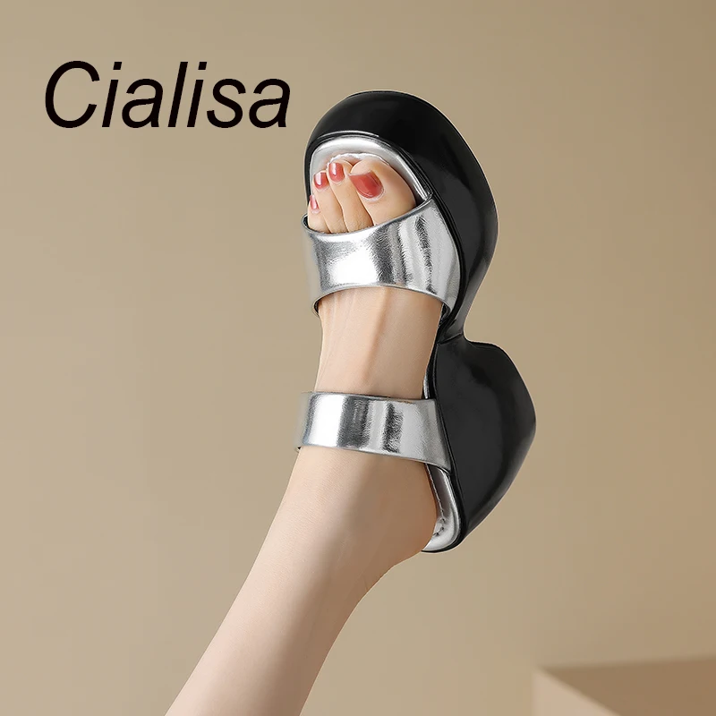 

Cialisa Elegant Platform Woman Slipper Summer Genuine Leather Shoes Handmade Open-Toe 2023 High Heel Outdside Women Slippers New