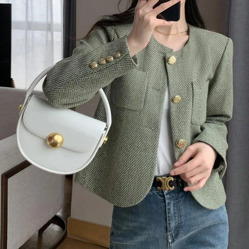 

Women's Round Neck Blazer Jacket for Spring and Autumn Trendy Single Breasted Cropped Coat Small Fragrance Green Suit Outerwear