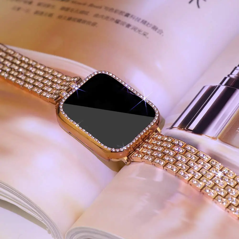 Elegant Diamond-Encrusted Watch Band with Protective Cover & Screen Protector