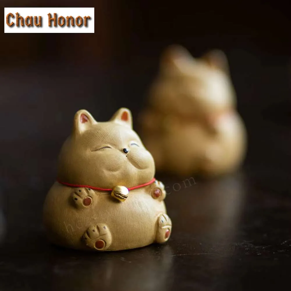 Boutique Purple Clay Tea Pet Lucky Bellcat Figurine Sculpture Ornaments Handmade Crafts Chinese Tea Set Art Decoration Gifts