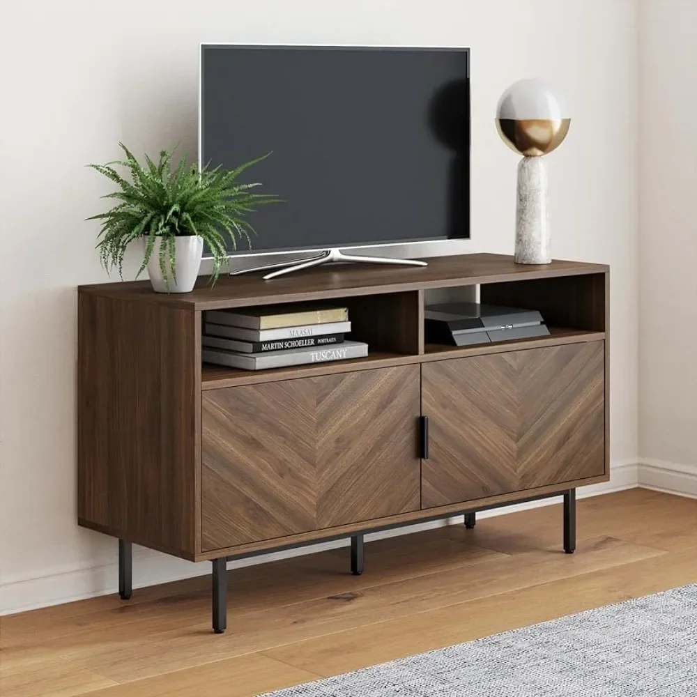 

TV stand, wooden media console, storage cabinet with herringbone doors, rustic dark finish, walnut brown/black