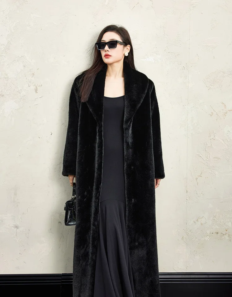 Lautaro Winter Extra Long Elegant Luxury Chic Thick Warm Soft Black Fluffy Faux  Fur Coat Women Shawl Collar Furry Overcoat 2025