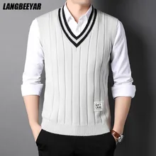 

New Fashion Brand Knit Sleeveless Pullover Men Sweater Vest V Neck Top Quality Preppy Casual Mens Clothing 2022