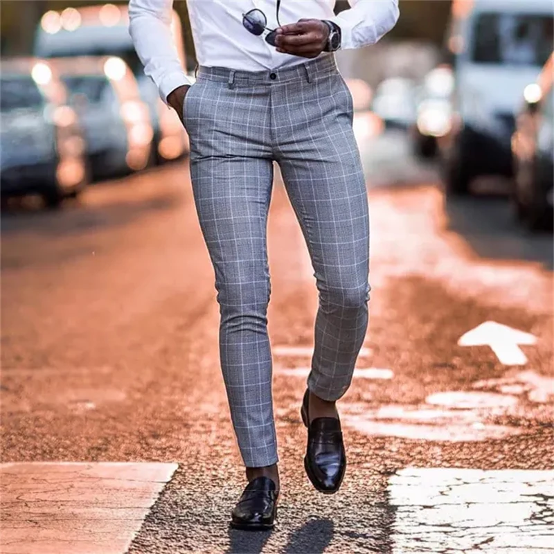 High end slim fit casual pants for men's 2024 spring/summer trendy and versatile leggings, business style checkered trousers