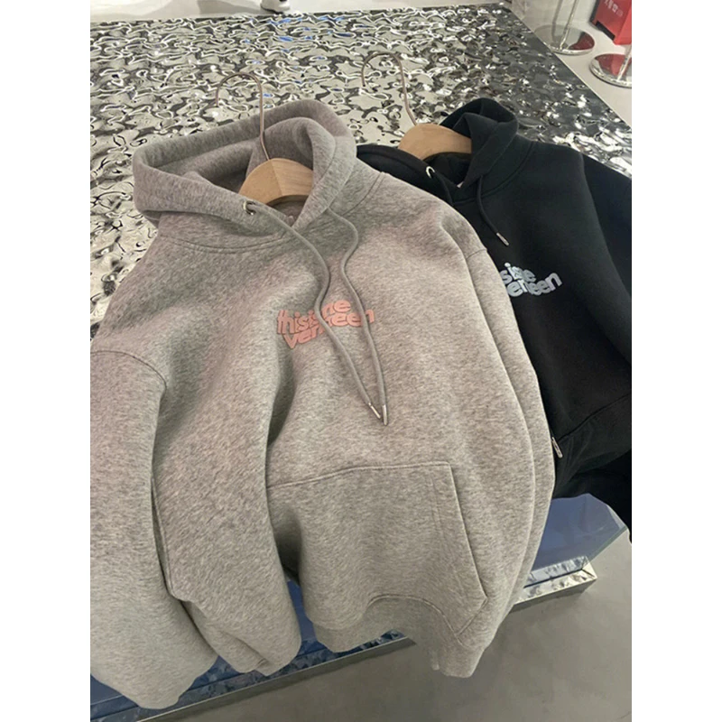 

Women's Fleece Thick Hooded Hoodies Fall Winter Letter Printing Loose Pullovers Korean Style Fashion All-Matched Sweatshirts