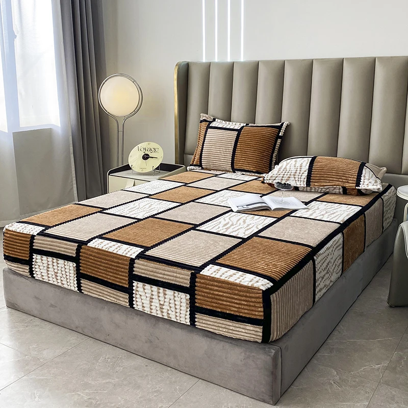 1Pc Simple Fashion Printed Geometric Checkered Multi-Color Ins Style Milk Velvet Fitted Sheet Mattress Cover Mattress Cover Dust Cover Suitable for Bedroom Apartment House Single Bed Double Bed Winter Soft, Comfortable, Soft, Warm, Skin-Friendly and Supple 99/200/153/180/203cm 2