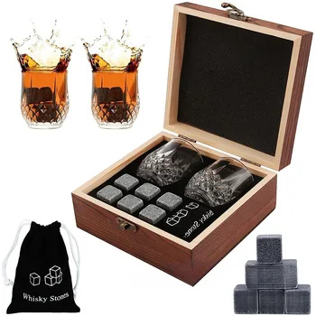 Christmas Valentine's Gift Whiskey Stones Glasses Set Granite Ice Cube For Whisky in Wooden Bottle Box Present For Dad Husband 1