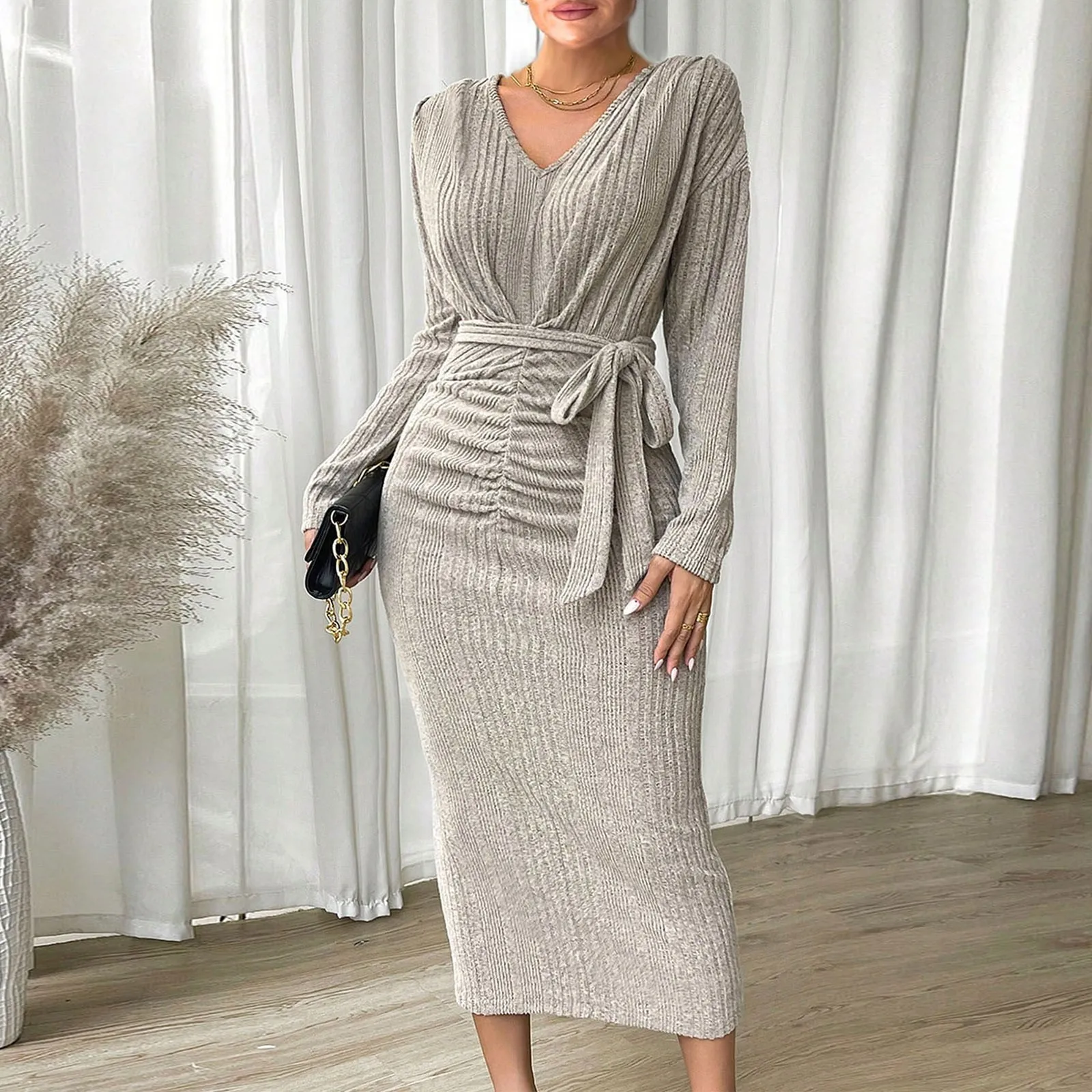 

Трикотажное облегающее платье с V-образным вырезом, Женский мягкий эластичный свитер, однотонное зимнее платье средней длины с длинными рукавами и ремнем