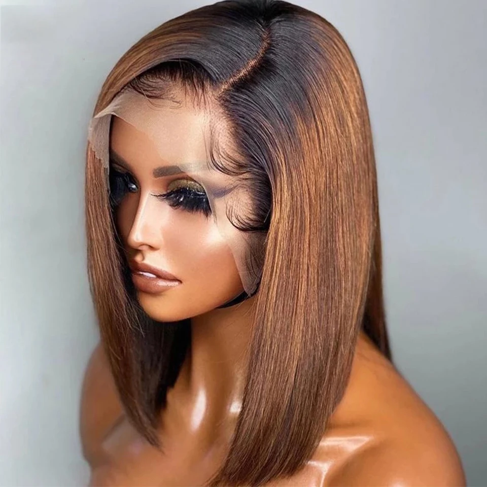 

Middle Part Preplucked Soft Glueless Ombre Honey Blonde Brown Short Bob Silky Straight Lace Front Wigs For Black Women Baby Hair