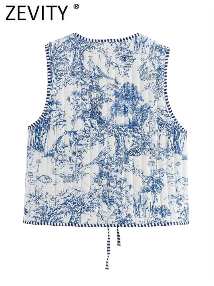 Zevity Women Vintage V Neck Patchwork Floral Print Quilted Cotton Vest Jacket Ladies Retro Lace Up Slim WaistCoat Tops CT6267 3