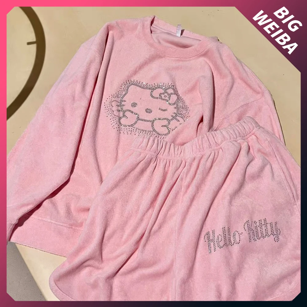 

Korean Fashion Pink Rhinestones Hello Kt Cat Sports Hoodie Long Sleeve Shorts Suit Plush Soft Comfortable Loose Sportswear