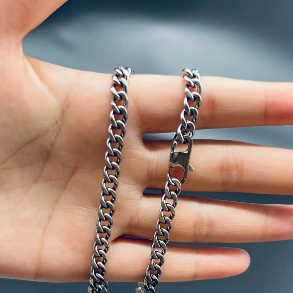 Ultra Light 5.5mm TA1 Pure Titanium Cuban Link Chain Men Necklace Anti-allergy Solid Titanium Necklace for Women