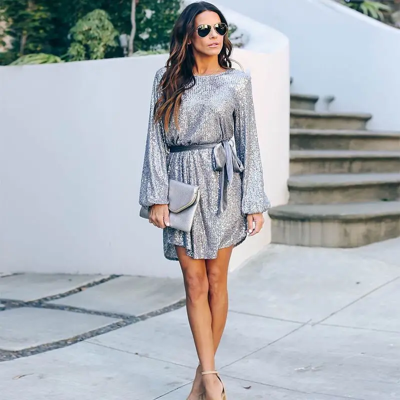 

Woman Elegant Lantern Sleeves Round Neck Belt Sequin Party Dress Female Sexy Sequined Club Slim Mini Dresses Vestido Feminino XL