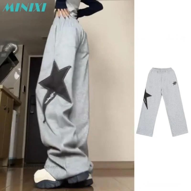 

American Streetwear Grey Star Baggy Pants Fashion Wide Leg Trousers Y2k Hippie Sports Pants Elastic Waist Pants Autumn Clothes