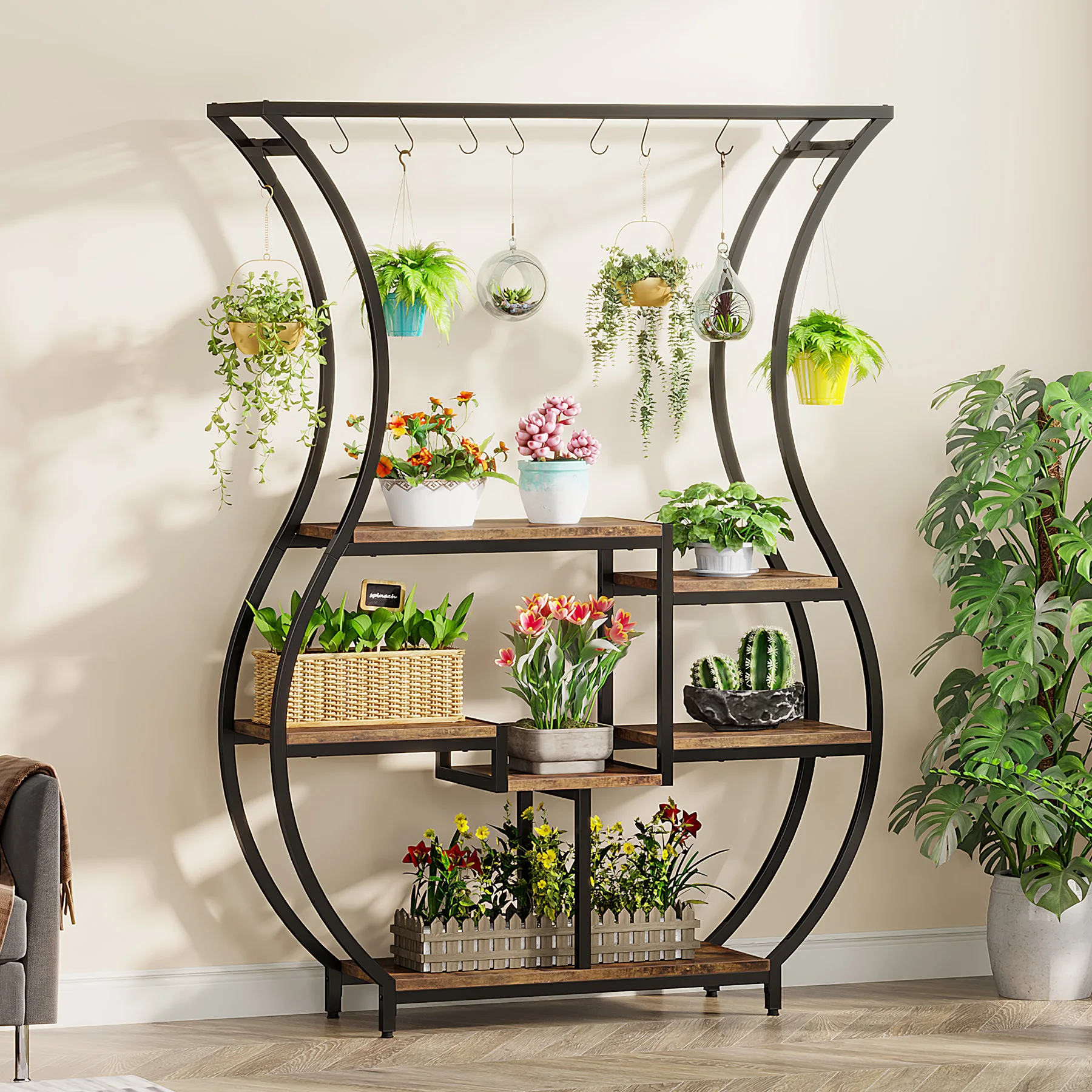 Tribesigns 6-tier plant stand 70.9 inch tall plant shelf with 10 hanging hooks vase shape ladder stand