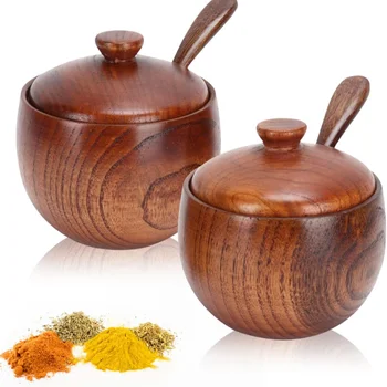 Natural Wooden Salt Cellar with Lid and Spoon Sugar Bowl Pepper Seasoning Container Holder Keeper for Kitchen Serving, Condiment 1