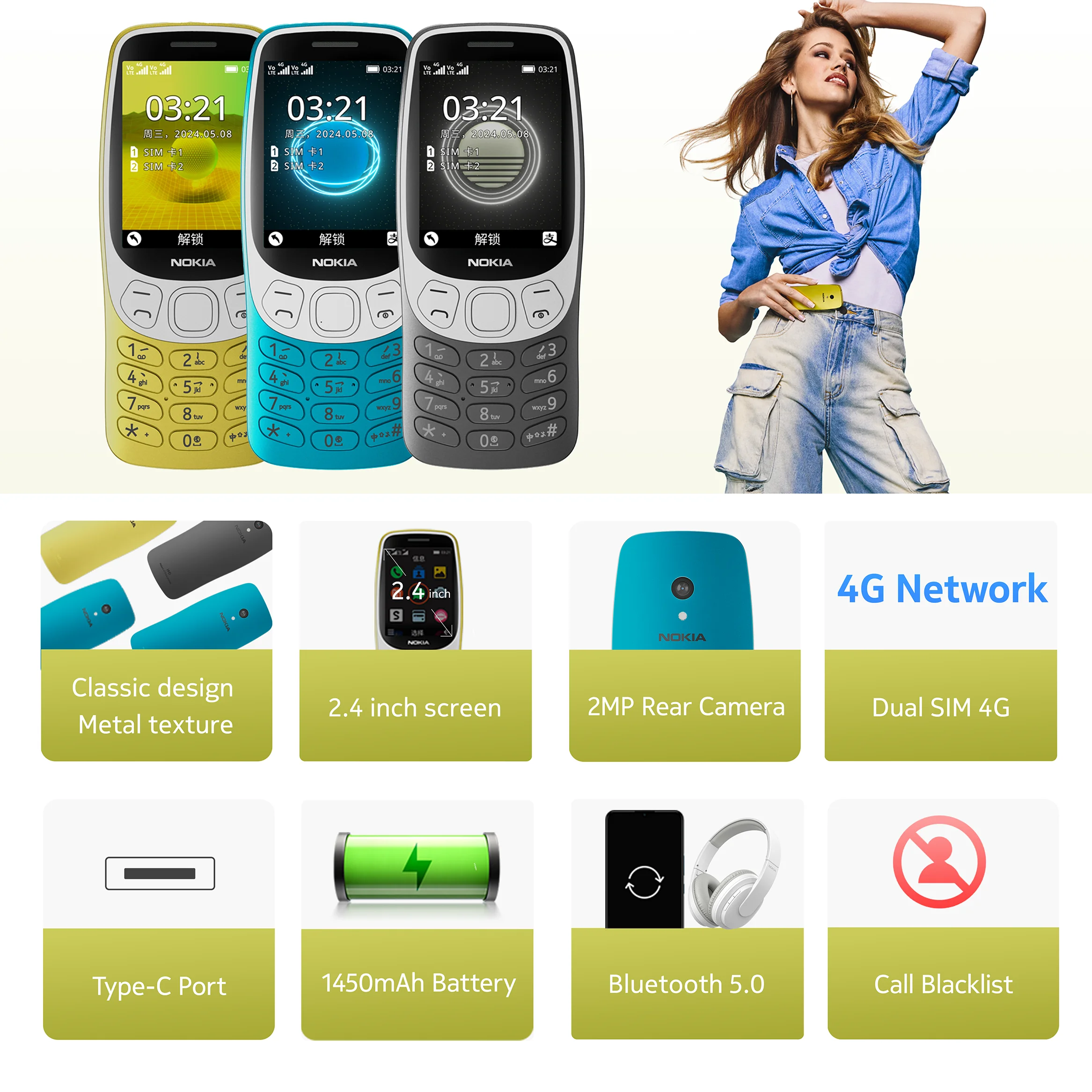 Nokia 3210 4G Feature Phone Dual SIM 2.4" Type-C Port Bluetooth 5.0 FM Radio 1450mAh Bettery Push-button Mobile Phone 2