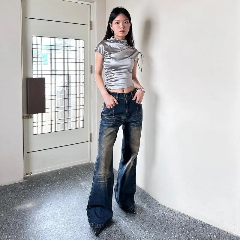 실버 드로스트링 하프 하이넥 반팔 티셔츠, 슬림하고 섹시한 크롭 탑, 그런지 그래픽 티, Y2k 의류