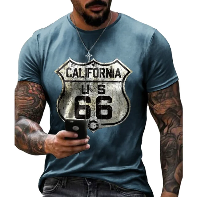 Summer New Men's Retro T-shirt US Route 66 Letter Print Short-Sleeved Oversized Loose y2k Clothes O Neck Top Streetwear 6xl S1014