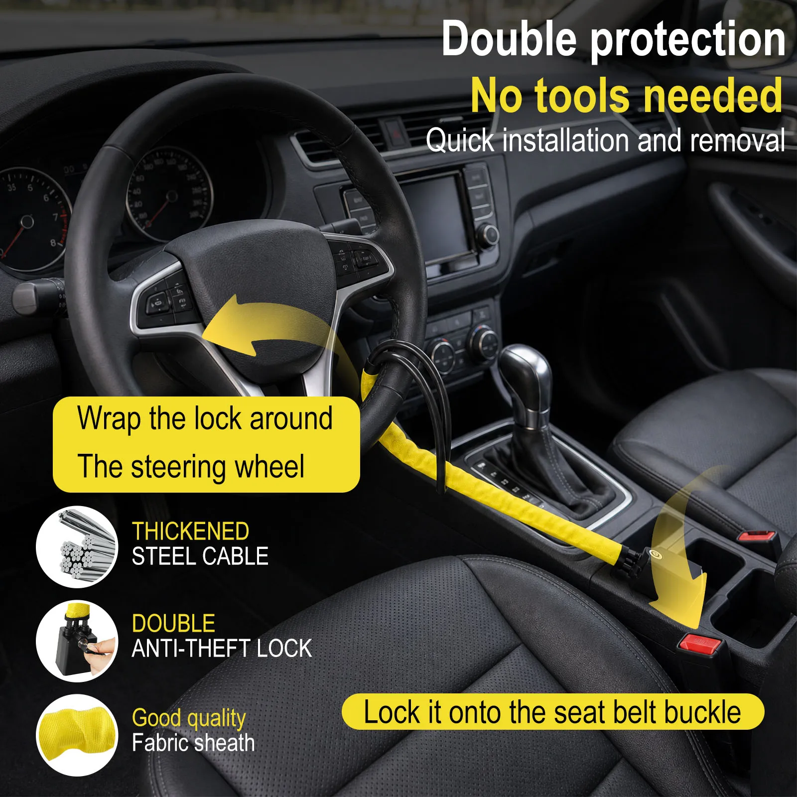 Durable Anti-Theft Car Steering Wheel Lock with Steel Cable Security