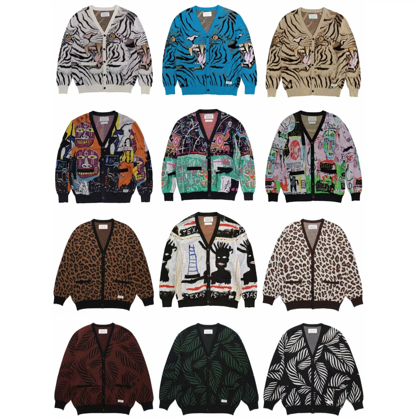 

V-Neck WACKO MARIA Sweater Knitted Cardigan Sweatshirts Men Women Jacquard Hawaiian Crewneck