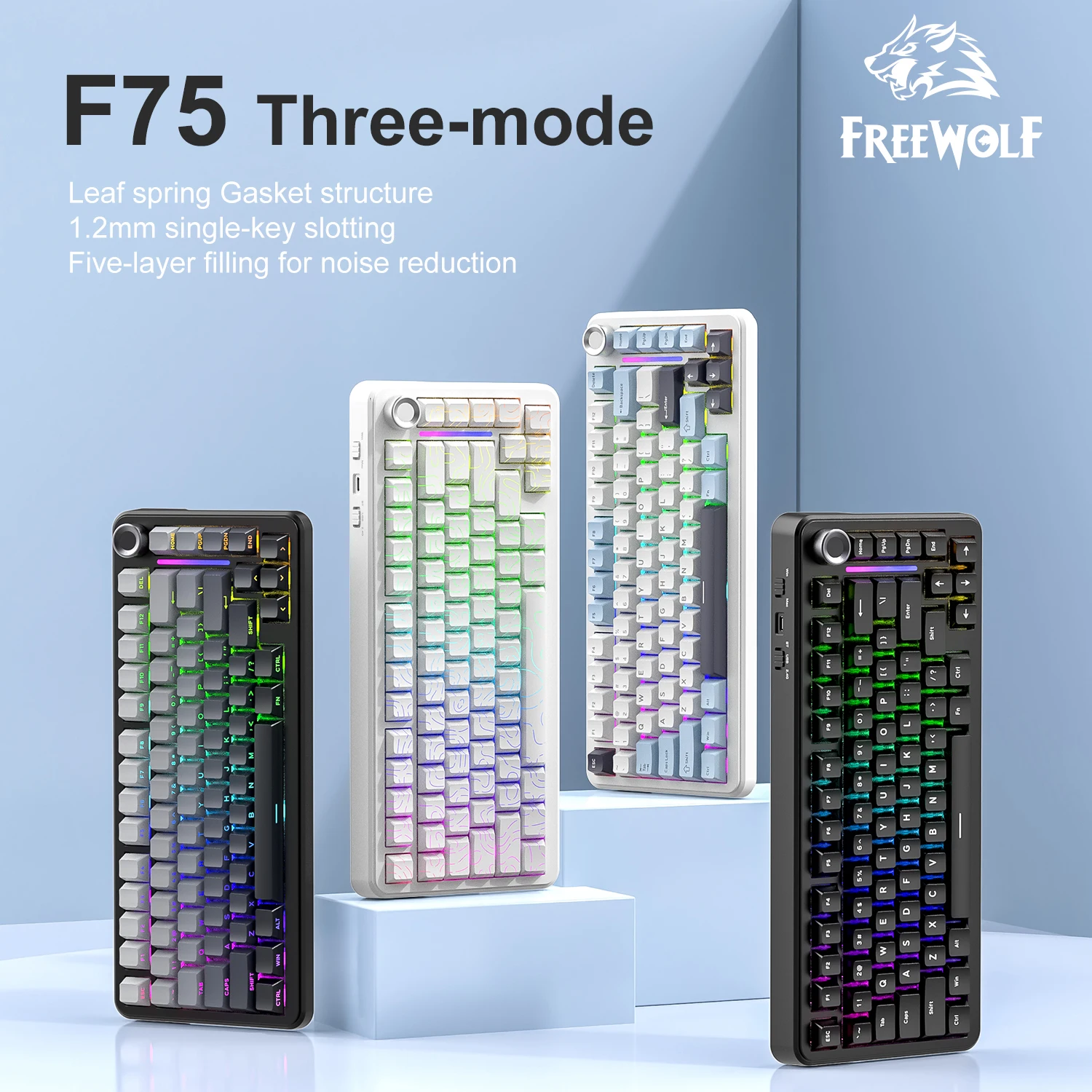 Freewolf F75 핫 스왑 가능 기계식 키보드 75% 레이아웃 3가지 모드 무선, BT, 2.4G RGB 백라이트 인체공학적 PC 게이머 사무실용