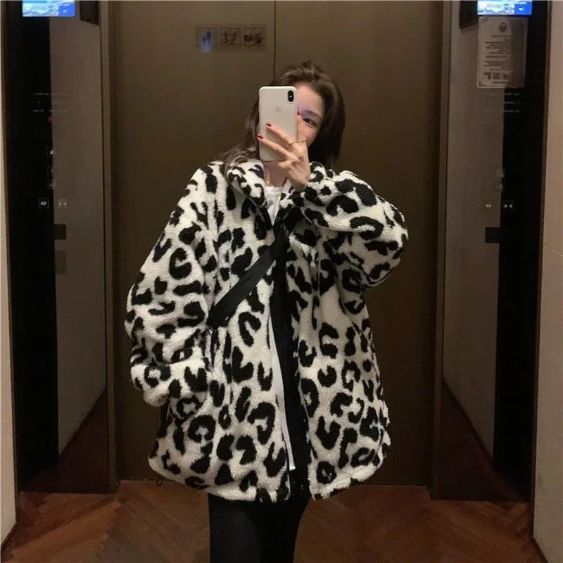 Cow Leopard Print Lapel Long-sleeved Fashion Coat Trend Faux Fur Double-sided Warmth  Winter New Women's Jacket Cute Jacket