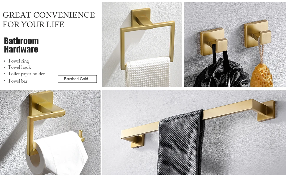 Description Picture 6 of itemYACVCL 5-Piece Bathroom Hardware Accessories Set 23.6 in Brushed Gold  Bar Towel Rack Sets Modern Towel Ring Kit Stainless Steel
