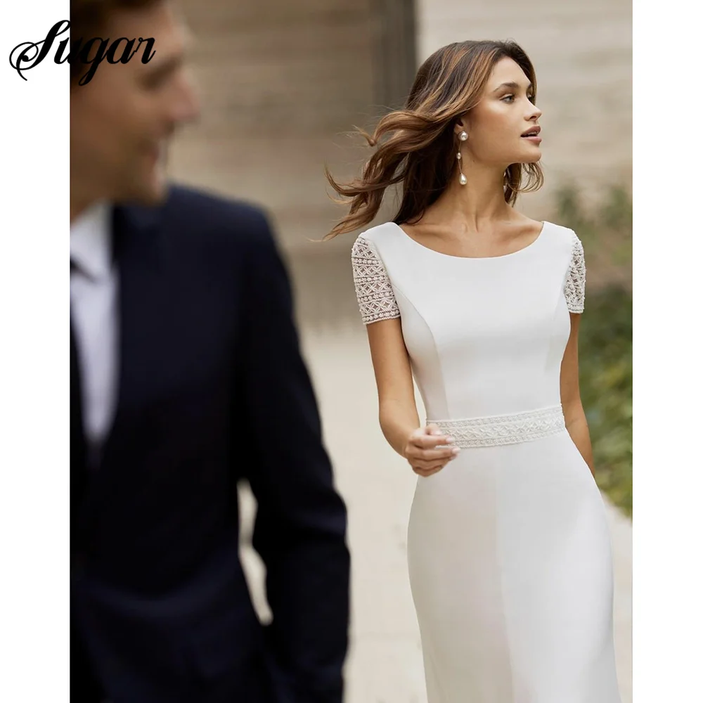 Elegant A-Line Satin Wedding Dresses Short Sleeves Scoop Neck Bridal Gowns Sexy Backless Beach Brides Dress Robes de marié 6