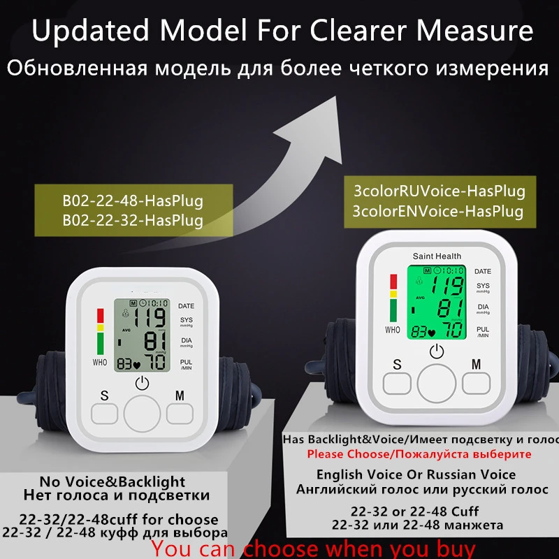 Blood Pressure Monitor Blood Pressure Meter English or Russian Voice Arm Automatic Blood Pressure Monitor BP Sphygmomanometer Heart Rate Pulse Portable Tonometer