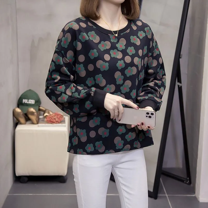 

2023 Women New Autumn and Winter Loose Fitting Large Round Neck Printed Fashion Versatile and Minimalist Long Sleeved Tops