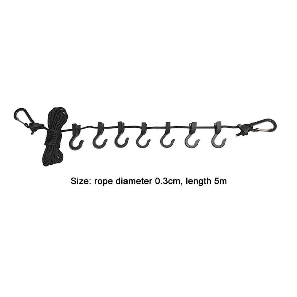 Camping Clothesline Non-slip Camping Hanger Rope Portable Travel Windproof Adjustable with 7 Hooks for Home Picnic Hiking