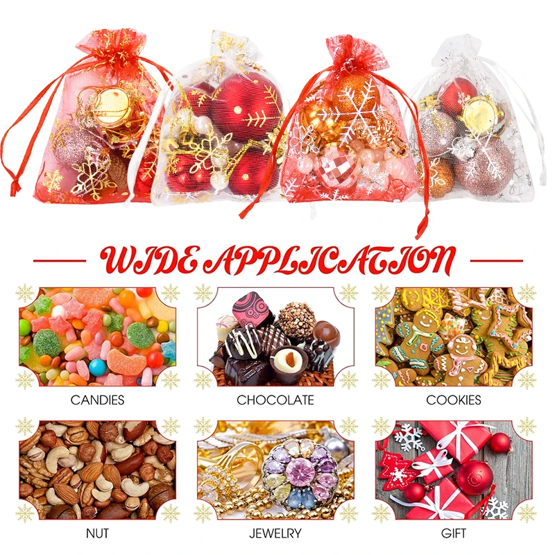 20Pcs Snowflake Organza Gift Bags Jewelry Pouches Gold Silver Snow Drawstring Bag Christmas Party Birthday Wedding Candy Packing