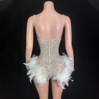Women Luxury Rhythmic Gymnastics Leotards Bling Bling Glitter Diamonds Cut Out Bodysuit With White Feathers Nightclub Costumes - Image 4