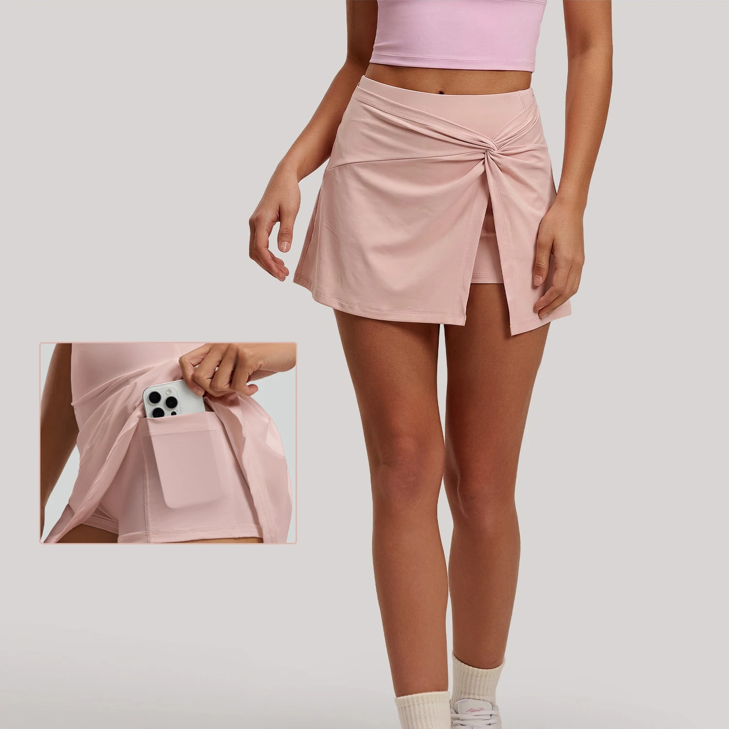 Damen-Sportrock, hochtaillierter Tennisrock mit Knoten vorne, dezenter Schlitz, Faltenrock, atmungsaktiver Minirock mit Taschen, Pink
