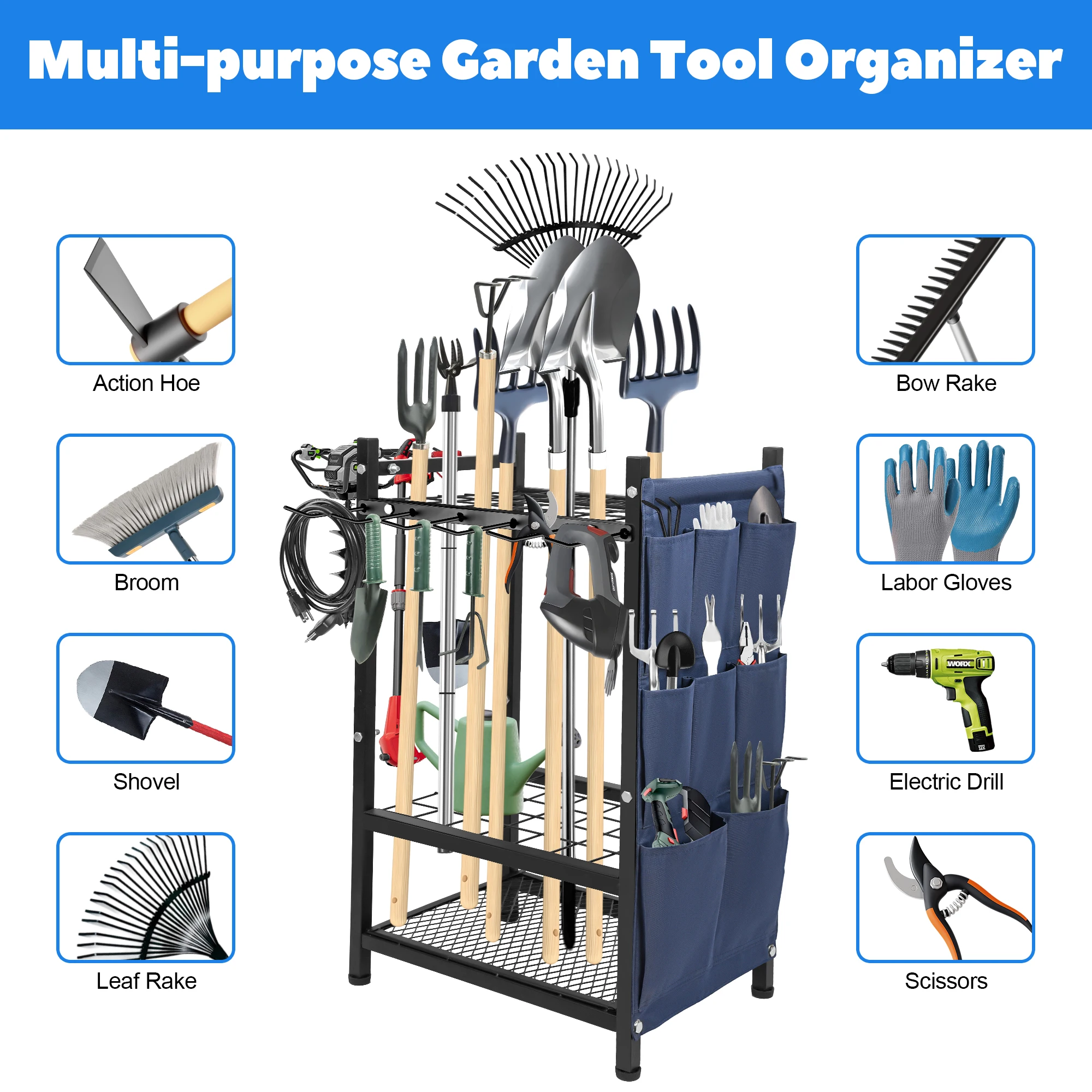 Lue's House Garden Tool Organizer for Garage Utility Storage Racks W/ Storage Bag Metal Yard Tool Stand Holder Organizer for 35-in Long-Handle - Image 3