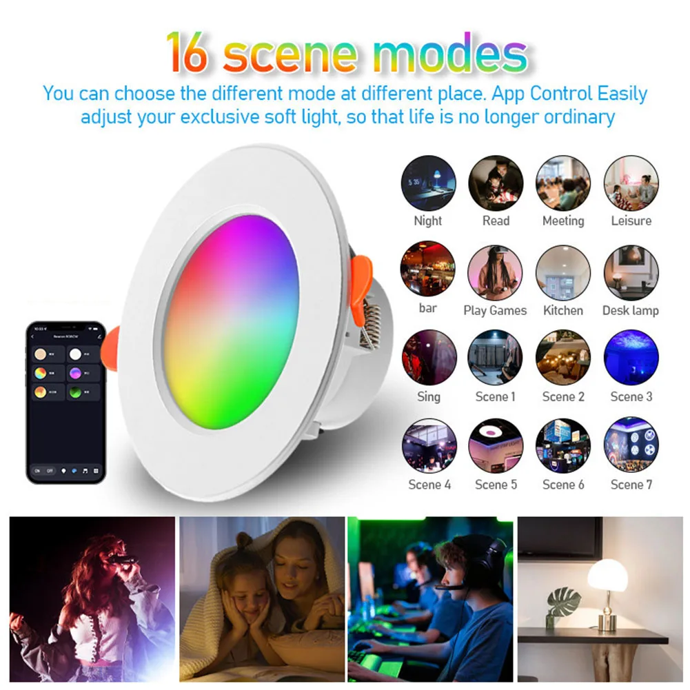 LED Downlight Recessed Ceiling Spotlight 15-1PCS Smart LED Downlight LED Ceiling Recessed Down Light Dimmmable Spot Lamp 10W RGB +CW+WW Changeable Downlight