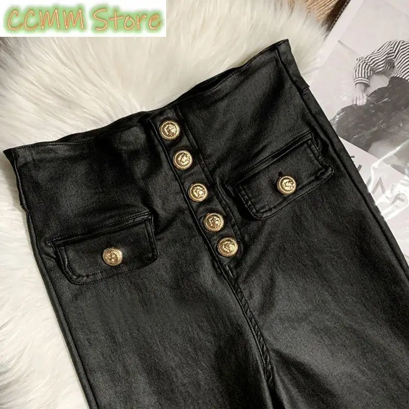 New Leather Pants Fleece-Lined Thickened Women's Winter High Waist Outerwear Matte Black Ankle Tight Leggings Trousers
