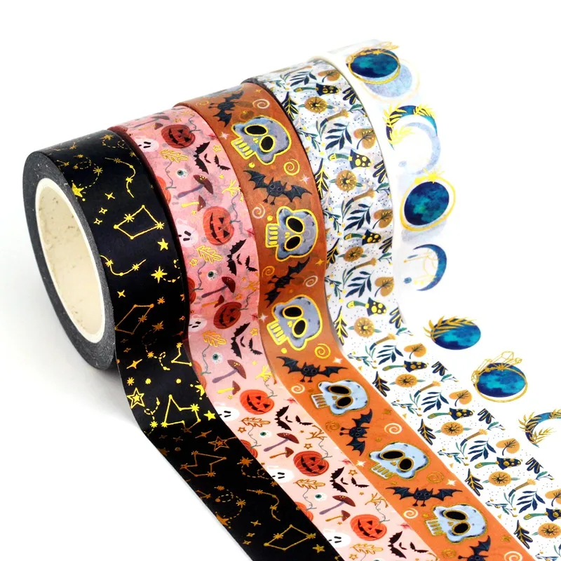 NEW 1PC 10M Deco Mushrooms Leaves Pumpkin Ghost Moon Gold Foil Halloween Washi Tape Set for Planner Masking Tape Cute Stationery 2