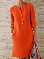 Plus size women's spring & summer round tie buttons polyester fiber urban beauty intellectual elegant solid color fashion dress。