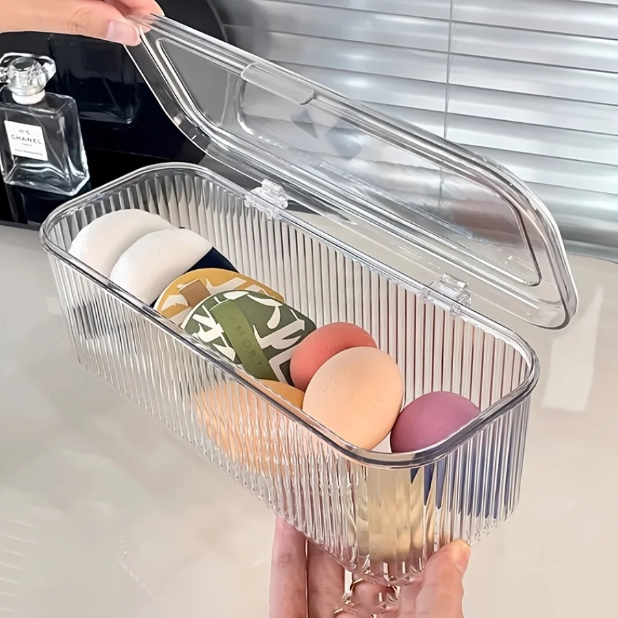 1pc Acrylic Makeup Organizer with Lid - Dustproof Cosmetic Storage Box for Brushes Portable Beauty Sponges & Powder Puffs 4