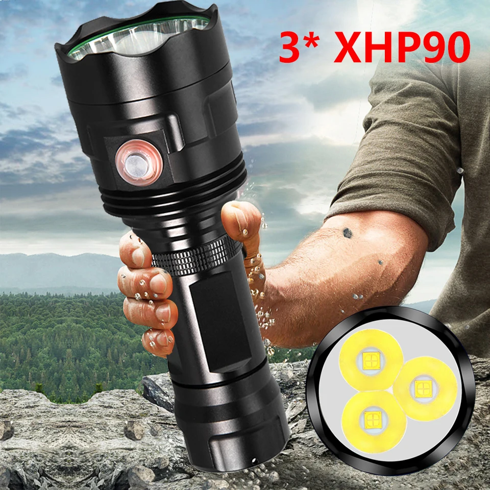 

Super Powerful LED Flashlight XHP90 XHP50 Tactical 1000000LM Torch USB Rechargeable Waterproof Lamp Ultra Bright Lantern Fishing