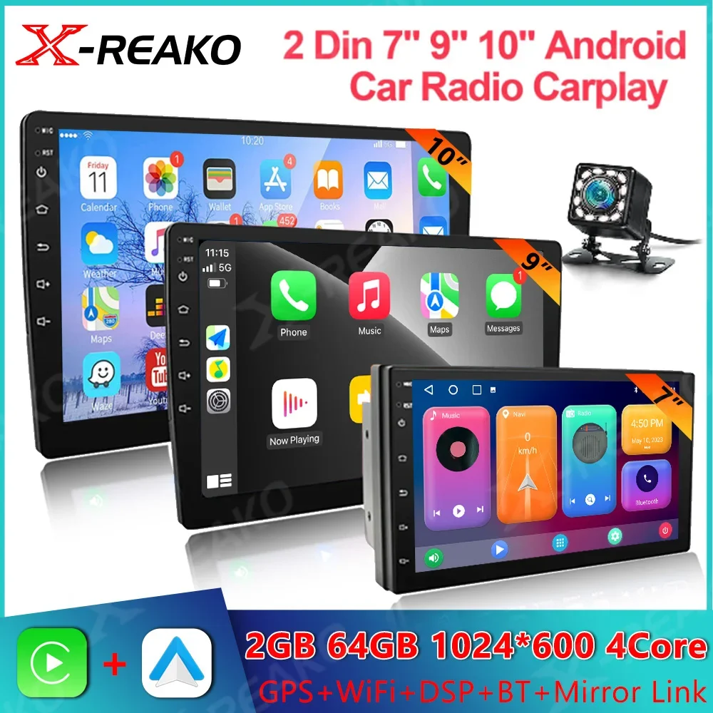X-REAKO 7 / 9 /10 Inch 2 Din Universal MP5 Player HD IPS Screen Mirror Link Carplay Auto Radio DSP Android 12 2+32/2+64G